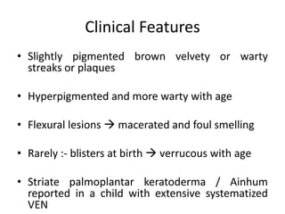 Clinical Features
• Slightly pigmented brown velvety or warty
streaks or plaques
• Hyperpigmented and more warty with age
• Flexural lesions  macerated and foul smelling
• Rarely :- blisters at birth  verrucous with age
• Striate palmoplantar keratoderma / Ainhum
reported in a child with extensive systematized
VEN
 