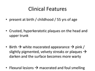 Clinical Features
• present at birth / childhood / 55 yrs of age
• Crusted, hyperkeratotic plaques on the head and
upper trunk
• Birth  white macerated appearance  pink /
slightly pigmented, velvety streaks or plaques 
darken and the surface becomes more warty
• Flexural lesions  macerated and foul smelling
 