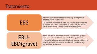 Tratamiento
• Se debe conservar el entorno fresco y el empleo de
calzado suave y ventilado.
• La piel con ampollas se trata por medio de compresas
con solución salina y antibióticos tópicos o, en el caso
de la inflamación, con corticoesteroides tópicos.
EBS
• Estos pacientes reciben el mismo tratamiento que los
individuos atendidos en una unidad de quemados.
• El daño y la limpieza muy cuidadosos son seguidos por
la aplicación de sustancias emolientes protectoras y
apósitos no adhesivos.
EBU-
EBD(grave)
 