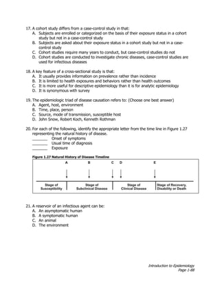 Introduction to Epidemiology
Page 1-88
17. A cohort study differs from a case-control study in that:
A. Subjects are enrolled or categorized on the basis of their exposure status in a cohort
study but not in a case-control study
B. Subjects are asked about their exposure status in a cohort study but not in a case-
control study
C. Cohort studies require many years to conduct, but case-control studies do not
D. Cohort studies are conducted to investigate chronic diseases, case-control studies are
used for infectious diseases
18. A key feature of a cross-sectional study is that:
A. It usually provides information on prevalence rather than incidence
B. It is limited to health exposures and behaviors rather than health outcomes
C. It is more useful for descriptive epidemiology than it is for analytic epidemiology
D. It is synonymous with survey
19. The epidemiologic triad of disease causation refers to: (Choose one best answer)
A. Agent, host, environment
B. Time, place, person
C. Source, mode of transmission, susceptible host
D. John Snow, Robert Koch, Kenneth Rothman
20. For each of the following, identify the appropriate letter from the time line in Figure 1.27
representing the natural history of disease.
_______ Onset of symptoms
_______ Usual time of diagnosis
_______ Exposure
Figure 1.27 Natural History of Disease Timeline
21. A reservoir of an infectious agent can be:
A. An asymptomatic human
B. A symptomatic human
C. An animal
D. The environment
 