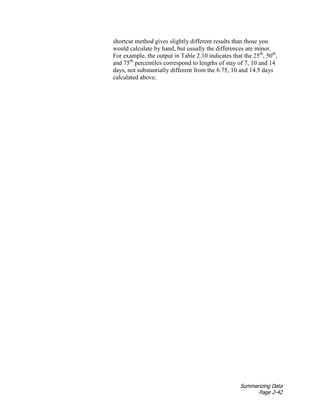 Summarizing Data
Page 2-42
shortcut method gives slightly different results than those you
would calculate by hand, but usually the differences are minor.
For example, the output in Table 2.10 indicates that the 25th
, 50th
,
and 75th
percentiles correspond to lengths of stay of 7, 10 and 14
days, not substantially different from the 6.75, 10 and 14.5 days
calculated above.
 