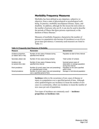 Measures of Risk
Page 3-10
Morbidity Frequency Measures
Morbidity has been defined as any departure, subjective or
objective, from a state of physiological or psychological well-
being. In practice, morbidity encompasses disease, injury, and
disability. In addition, although for this lesson the term refers to
the number of persons who are ill, it can also be used to describe
the periods of illness that these persons experienced, or the
duration of these illnesses.4
Measures of morbidity frequency characterize the number of
persons in a population who become ill (incidence) or are ill at a
given time (prevalence). Commonly used measures are listed in
Table 3.3.
Table 3.3 Frequently Used Measures of Morbidity
Measure Numerator Denominator
Incidence proportion
(or attack rate or risk)
Number of new cases of disease during
specified time interval
Population at start of time interval
Secondary attack rate Number of new cases among contacts Total number of contacts
Incidence rate
(or person-time rate)
Number of new cases of disease during
specified time interval
Summed person-years of
observation or average population
during time interval
Point prevalence Number of current cases (new and preexisting)
at a specified point in time
Population at the same specified
point in time
Period prevalence Number of current cases (new and preexisting)
over a specified period of time
Average or mid-interval population
Incidence refers to the occurrence of new cases of disease or
injury in a population over a specified period of time. Although
some epidemiologists use incidence to mean the number of new
cases in a community, others use incidence to mean the number of
new cases per unit of population.
Two types of incidence are commonly used — incidence
proportion and incidence rate.
 