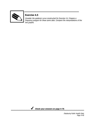Displaying Public Health Data
Page 4-40
Exercise 4.5
Consider the epidemic curve constructed for Exercise 4.4. Prepare a
frequency polygon for these same data. Compare the interpretations of the
two graphs.
Check your answers on page 4-76
 