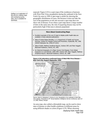 Displaying Public Health Data
Page 4-60
EpiMap is an application of
Epi Info for creating maps
and overlaying survey
data, and is available for
download.
exposed. Figure 4.34 is a spot map of the residences of persons
with West Nile Virus encephalitis during the outbreak in the New
York City area in 1999.A spot map is useful for showing the
geographic distribution of cases, but because it does not take the
size of the population at risk into account a spot map does not
show risk of disease. Even when a spot map shows a large number
of dots in the same area, the risk of acquiring disease may not be
particularly high if that area is densely populated.
More About Constructing Maps
• Excellent examples of the use of maps to display public health data are
available in these selected publications:
• Atlas of United States Mortality, U. S. Department of Health and Human
Services, Centers for Disease Control and Prevention, Hyattsville, MD, 1996
(DHHS Publication No. (PHS) 97-1015)
• Atlas of AIDS. Matthew Smallman-Raynor, Andrew Cliff, and Peter Haggett.
Blackwell Publishers, Oxford, UK, 1992
• An Historical Geography of a Major Human Viral Disease: From Global
Expansion to Local Retreat, 1840-1990. Andrew Cliff, Peter Haggett, Matthew
Smallman-Raynor. Blackwell Publishers, Oxford, UK, 1988
Figure 4.34 Laboratory-confirmed Cases of West Nile Virus Disease —
New York City, August–September 1999
Source: Nash D, Mostashari F, Murray K, et al. Recognition of an outbreak of West Nile
Virus disease. Presented at 49th
Annual Epidemic Intelligence Service Conference, April 10–
14, 2000, Atlanta, Georgia.
An area map, also called a chloropleth map, can be used to show
rates of disease or other health conditions in different areas by
using different shades or colors (Figure 4.35). When choosing
 
