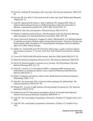 Displaying Public Health Data
Page 4-89
15. Korn EL, Graubard BI. Scatterplots with survey data. The American Statistician 1998;52,58–
69.
16. Souvaine DL, Van Wyk CJ. How hard can it be to draw a pie chart? Mathematics Magazine
1990;63:165–72.
17. Luby SP, Agboatwalla M, Painter J, Altaf A, Billhimer WL, Hoekstra RM. Effect of
intensive handwashing promotion on childhood diarrhea in high-risk communities in
Pakistan: a randomized controlled trial. JAMA 2004; 291(21):2547–54.
18. Kafadar K. John Tkey and robustness. Statistical Science 2003:18:319–31.
19. Urbank S. Exploring statistical forests. ASA Proceedings of the Join Statistical Meetings;
2002; Alexandria, VA: American Statistical Association, 2002: 3535–40.
20. Amon J, Devasia R, Guoliang X, Vaughan G, Gabel J, MacDonald P, et al. Multiple hepatitis
A outbreaks associated with green onions among restaurant patrons–Tennessee, Georgia, and
North Carolina, 2003. Presented at 53rd
Annual Epidemic Intelligence Service Conference,
April 19-23, 2004, Atlanta, Georgia.
21. Haddix AC, Teutsch SM, Corso PS. Prevention effectiveness: a guide to decision analysis
and economic evaluation. 2nd
ed. New York, New York: Oxford University Press; October
2002.
22. Croner CM. Public health GIS and the internet. Annu Rev Public Health 2003;24:57–82.
23. Hilbe JM. Statistical computing software reviews. The American Statistician 2004;58:92.
24. Devlin SJ. Statistical graphs in customer survey research. ASA Proceedings of the Joint
Statistical Meetings 2003:1212–16.
25. Taub GE. A review of {it ActivStats for SPSS/}: Integrating SPSS instruction and
multimedia in an introductory statistics course. Journal of Educational and Behavioral
Statistics 2003;28:291–3.
26. Hilbe J. Computing and software: editor’s notes. Health Services & Outcomes Research
Methodology 2000;1:75–9.
27. Oster RA. An examination of five statistical software packages for epidemiology. The
American Statistician 1998;52:267–80.
28. Morgan WT. A review of eight statistics software packages for general use. The American
Statistician 1998;52:70–82.
29. Anderson-Cook CM. Data analysis and graphics using R: an example-based approach.
Journal of the American Statistical Association 2004;99:901–2.
30. Tufte ER. The visual display of quantitative information. Cheshire CT: Graphics Press, LLC;
2002.
31. Tufte ER. The visual display of quantitative information. Cheshire, CT: Graphics Press;
1983.
 