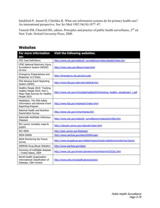 Public Health Surveillance
Page 5-76
Sandiford P, Annett H, Cibulskis R. What can information systems do for primary health care?
An international perspective. Soc Sci Med 1992:34(10):1077–87.
Teutsch SM, Churchill RE, editors. Principles and practice of public health surveillance, 2nd
ed.
New York: Oxford University Press; 2000.
Websites
For more information
on:
Visit the following websites:
CDC Case Definitions http://www.cdc.gov/osels/ph_surveillance/nndss/casedef/index.htm
CPSC National Electronic Injury
Surveillance System (NEISS)
On-line
http://www.cpsc.gov/library/neiss.html
Emergency Preparedness and
Response: A-Z Index
http://emergency.cdc.gov/az/a.asp
FDA Adverse Event Reporting
System (AERS)
http://www.fda.gov/cder/aers/default.htm
Healthy People 2010: Tracking
Healthy People 2010: Part C.
Major Data Sources for Healthy
People 2010
http://www.cdc.gov/nchs/data/hpdata2010/tracking_healthy_people/part_c.pdf
MedWatch, The FDA Safety
Information and Adverse Event
Reporting Program
http://www.fda.gov/medwatch/index.html
National Health and Nutrition
Examination Survey
http://www.cdc.gov/nchs/nhanes.htm
Nationally Notifiable Infectious
Diseases
http://www.cdc.gov/osels/ph_surveillance/nndss/phs/infdis.htm
NCI cancer mortality maps &
graphs
http://ratecalc.cancer.gov/ratecalc/index.html
NCI SEER http://seer.cancer.gov/faststats/
NIDA DAWN http://www.samhsa.gov/data/DAWN.aspx
NIDA Monitoring the Future
Survey
http://www.drugabuse.gov/related-topics/trends-statistics/monitoring-future/
SAMHSA Drug Abuse Statistics http://www.samhsa.gov/data/
Summary of notifiable diseases
– United States, 2004
http://www.cdc.gov/mmwr/preview/mmwrhtml/mm5353a1.htm
World Health Organization
International Classification of
Diseases, 10th revision
http://www.who.int/classifications/icd/en/
 