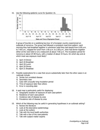 Investigating an Outbreak
Page 6-68
16. Use the following epidemic curve for Question 16.
A group of tourists on a weeklong bus tour of a European country experienced an
outbreak of norovirus. The group had followed a consistent meal time pattern: each
morning they had breakfast together in whichever hotel they had stayed from 6:00 a.m.
to 7:00 a.m., stopped for lunch from 1:00 p.m. to 2:00 p.m., then had dinner together
either at the next hotel or at a restaurant at about 7:00 p.m. The incubation period for
norovirus is about 24-48 hours, with a median of about 33 hours. On which day and at
which meal was exposure most likely?
A. April 19 Dinner
B. April 20 Breakfast
C. April 20 Lunch
D. April 20 Dinner
E. April 21 Breakfast
17. Possible explanations for a case that occurs substantially later than the other cases in an
outbreak include:
A. Similar but unrelated disease
B. Secondary case
C. Case with unusually long incubation period
D. Time of exposure later than others
E. Error in recording date
18. A spot map is particularly useful for displaying:
A. Geographic location of exposure of each case-patient
B. Residence of each case-patient
C. Incidence rate of disease by area
D. Prevalence rate of disease by area
19. Which of the following may be useful in generating hypotheses in an outbreak setting?
A. Review the literature
B. Look at the descriptive epidemiology
C. Look at the outliers
D. Talk with the local health authorities
E. Talk with a few of the case-patients
F. Talk with subject matter experts
 