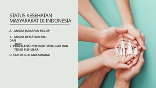 STATUS KESEHATAN
MASYARAKAT DI INDONESIA
A. ANGKA HARAPAN HIDUP
B. ANGKA KEMATIAN IBU
DAN
BAYI
C. PRAVELENSI PENYAKIT MENULAR DAN
TIDAK MENULAR
D. STATUS GIZI MASYARAKAT
 