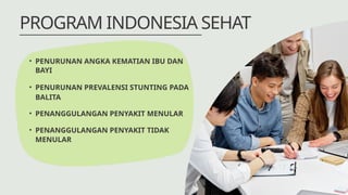 PROGRAM INDONESIA SEHAT
• PENURUNAN ANGKA KEMATIAN IBU DAN
BAYI
• PENURUNAN PREVALENSI STUNTING PADA
BALITA
• PENANGGULANGAN PENYAKIT MENULAR
• PENANGGULANGAN PENYAKIT TIDAK
MENULAR
 