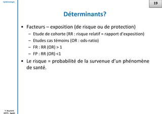 Epidémiologie
Y. Bouchriti
ISPITS - Agadir
Déterminants?
• Facteurs – exposition (de risque ou de protection)
– Etude de cohorte (RR : risque relatif = rapport d’exposition)
– Etudes cas témoins (OR : ods-ratio)
– FR : RR (OR) > 1
– FP : RR (OR) <1
• Le risque = probabilité de la survenue d’un phénomène
de santé.
19
 