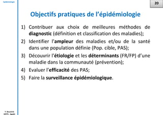 Epidémiologie
Y. Bouchriti
ISPITS - Agadir
Objectifs pratiques de l’épidémiologie
1) Contribuer aux choix de meilleures méthodes de
diagnostic (définition et classification des maladies);
2) Identifier l’ampleur des maladies et/ou de la santé
dans une population définie (Pop. cible, PAS);
3) Découvrir l’étiologie et les déterminants (FR/FP) d’une
maladie dans la communauté (prévention);
4) Evaluer l’efficacité des PAS;
5) Faire la surveillance épidémiologique.
20
 