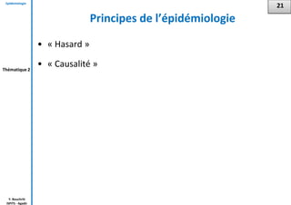 Epidémiologie
Y. Bouchriti
ISPITS - Agadir
Principes de l’épidémiologie
• « Hasard »
• « Causalité »
21
Thématique 2
 