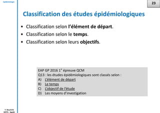 Epidémiologie
Y. Bouchriti
ISPITS - Agadir
Classification des études épidémiologiques
• Classification selon l’élément de départ.
• Classification selon le temps.
• Classification selon leurs objectifs.
23
EAP GP 2016 1° épreuve QCM
Q13 : les études épidémiologiques sont classés selon :
A) L’élément de départ
B) Le temps
C) L’objectif de l’étude
D) Les moyens d’investigation
 