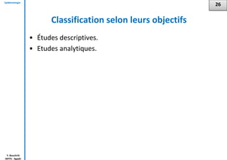 Epidémiologie
Y. Bouchriti
ISPITS - Agadir
Classification selon leurs objectifs
• Études descriptives.
• Etudes analytiques.
26
 