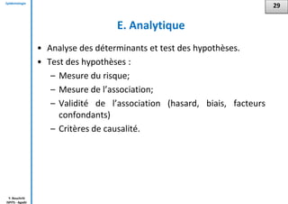Epidémiologie
Y. Bouchriti
ISPITS - Agadir
E. Analytique
• Analyse des déterminants et test des hypothèses.
• Test des hypothèses :
– Mesure du risque;
– Mesure de l’association;
– Validité de l’association (hasard, biais, facteurs
confondants)
– Critères de causalité.
29
 