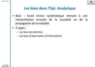 Epidémiologie
Y. Bouchriti
ISPITS - Agadir
Les biais dans l’Epi. Analytique
• Biais : toute erreur systématique menant à une
interprétation erronée de la causalité ou de la
propagation de la maladie.
• 2 types :
– Les biais de sélection.
– Les biais d’observation (d’information)
33
 