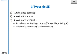 Epidémiologie
Y. Bouchriti
ISPITS - Agadir
3 Types de SE
1) Surveillance passive;
2) Surveillance active;
3) Surveillance sentinelle :
– Surveillance sentinelle par réseau (Grippe, PFA, méningite)
– Surveillance sentinelle par site (VIH/SIDA)
44
 