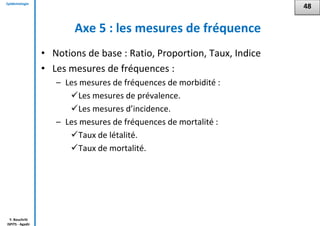 Epidémiologie
Y. Bouchriti
ISPITS - Agadir
Axe 5 : les mesures de fréquence
• Notions de base : Ratio, Proportion, Taux, Indice
• Les mesures de fréquences :
– Les mesures de fréquences de morbidité :
Les mesures de prévalence.
Les mesures d’incidence.
– Les mesures de fréquences de mortalité :
Taux de létalité.
Taux de mortalité.
48
 