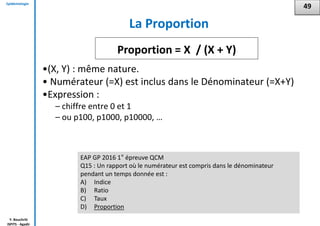 Epidémiologie
Y. Bouchriti
ISPITS - Agadir
La Proportion
•(X, Y) : même nature.
• Numérateur (=X) est inclus dans le Dénominateur (=X+Y)
•Expression :
– chiffre entre 0 et 1
– ou p100, p1000, p10000, …
49
Proportion = X / (X + Y)
EAP GP 2016 1° épreuve QCM
Q15 : Un rapport où le numérateur est compris dans le dénominateur
pendant un temps donnée est :
A) Indice
B) Ratio
C) Taux
D) Proportion
 