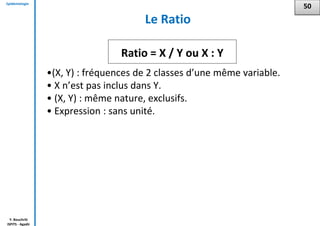Epidémiologie
Y. Bouchriti
ISPITS - Agadir
•(X, Y) : fréquences de 2 classes d’une même variable.
• X n’est pas inclus dans Y.
• (X, Y) : même nature, exclusifs.
• Expression : sans unité.
Ratio = X / Y ou X : Y
Le Ratio
50
 