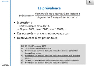 Epidémiologie
Y. Bouchriti
ISPITS - Agadir
La prévalence
• Expression :
– Chiffre compris entre 0 et 1.
– %, pour 1000, pour 10000, pour 100000, …
• Cas observés = anciens et nouveaux cas
• La prévalence n’est pas un taux.
57
EAP GP 2016 1° épreuve QCM
Q17 : la prévalence est le nombre de :
A) Nouveaux cas survenus dans une population à risque pendant un
intervalle de temps
B) Nombre de cas existant dans une population donnée à un moment
donnée
C) Taux de nouveaux cas et anciens cas dans une population donnée
D) Nombre de cas existant dans une population donnée
 