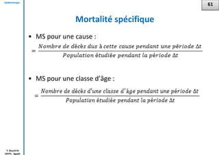 Epidémiologie
Y. Bouchriti
ISPITS - Agadir
Mortalité spécifique
• MS pour une cause :
• MS pour une classe d’âge :
61
 
