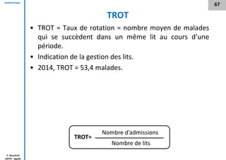 Epidémiologie
Y. Bouchriti
ISPITS - Agadir
TROT
• TROT = Taux de rotation = nombre moyen de malades
qui se succèdent dans un même lit au cours d’une
période.
• Indication de la gestion des lits.
• 2014, TROT = 53,4 malades.
67
Nombre d’admissions
Nombre de lits
TROT=
 