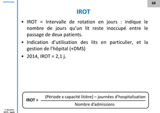 Epidémiologie
Y. Bouchriti
ISPITS - Agadir
IROT
• IROT = Intervalle de rotation en jours : indique le
nombre de jours qu’un lit reste inoccupé entre le
passage de deux patients.
• Indication d’utilisation des lits en particulier, et la
gestion de l’hôpital (+DMS)
• 2014, IROT = 2,1 j.
68
(Période x capacité litière) – journées d’hospitalisation
Nombre d’admissions
IROT =
 
