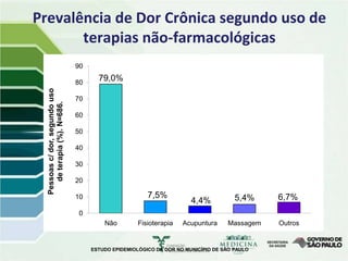 Prevalência de Dor Crônica segundo uso de
       terapias não-farmacológicas
                                90

                                80
                                       79,0%
  Pessoas c/ dor, segundo uso




                                70
     de terapia (%). N=686.




                                60

                                50

                                40

                                30

                                20

                                10                      7,5%                          5,4%    6,7%
                                                                       4,4%
                                0
                                         Não         Fisioterapia   Acupuntura     Massagem   Outros


                                     ESTUDO EPIDEMIOLÓGICO DA DOR NO MUNICÍPIO DE SÃO PAULO
 