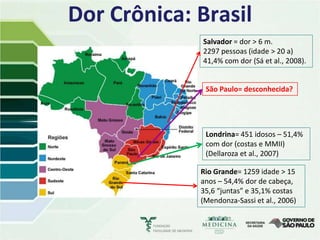 Dor Crônica: Brasil
             Salvador = dor > 6 m.
             2297 pessoas (idade > 20 a)
             41,4% com dor (Sá et al., 2008).


              São Paulo= desconhecida?




              Londrina= 451 idosos – 51,4%
              com dor (costas e MMII)
              (Dellaroza et al., 2007)

             Rio Grande= 1259 idade > 15
             anos – 54,4% dor de cabeça,
             35,6 “juntas” e 35,1% costas
             (Mendonza-Sassi et al., 2006)
 