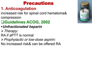 Precautions
1. Anticoagulation
increased risk for spinal cord hematoma&
compression
Guidelines ACOG, 2002
Unfractionated...