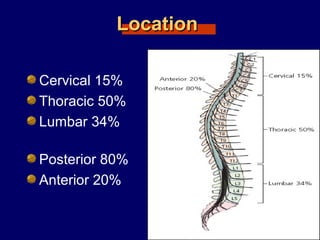 LocationLocation
Cervical 15%
Thoracic 50%
Lumbar 34%
Posterior 80%
Anterior 20%
 