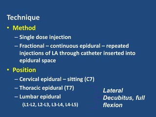 Technique
• Method
– Single dose injection
– Fractional – continuous epidural – repeated
injections of LA through catheter inserted into
epidural space
• Position
– Cervical epidural – sitting (C7)
– Thoracic epidural (T7)
– Lumbar epidural
(L1-L2, L2-L3, L3-L4, L4-L5)
Lateral
Decubitus, full
flexion
 