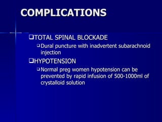 COMPLICATIONS  TOTAL SPINAL BLOCKADE  Dural puncture with inadvertent subarachnoid injection HYPOTENSION  Normal preg women hypotension can be prevented by rapid infusion of 500-1000ml of crystalloid solution  