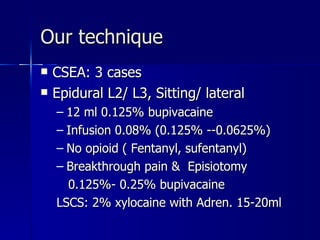 Our technique CSEA: 3 cases Epidural L2/ L3, Sitting/ lateral 12 ml 0.125% bupivacaine Infusion 0.08% (0.125% --0.0625%) No opioid ( Fentanyl, sufentanyl) Breakthrough pain &  Episiotomy  0.125%- 0.25% bupivacaine LSCS: 2% xylocaine with Adren. 15-20ml 