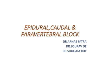 EPIDURAL,CAUDAL &
PARAVERTEBRAL BLOCK
DR.ARNAB PATRA
DR.SOURAV DE
DR.SOUGATA ROY
 