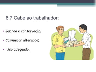 6.7 Cabe ao trabalhador:
• Guarda e conservação;
• Comunicar alteração;
• Uso adequado.
 