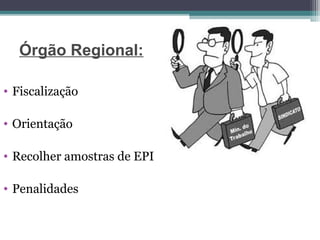 Órgão Regional:
• Fiscalização
• Orientação
• Recolher amostras de EPI
• Penalidades
 