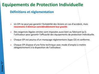  Un EPI ne peut pas garantir l‘évitabilité des lésions en cas d'accident, mais
néanmoins il diminue considérablement leur gravité.
 Des exigences légales strictes sont imposées aussi bien au fabricant qu'à
l'utilisateur pour garantir l'efficacité des équipements de protection individuelle.
 Chaque EPI est pourvu d'un marquage réglementaire (type CE) et conforme.
 Chaque EPI dispose d'une fiche technique avec mode d'emploi à mettre
obligatoirement à la disposition de l'utilisateur.
Définitions et réglementation
Annexe
‘’C’’
Equipements de Protection Individuelle
 
