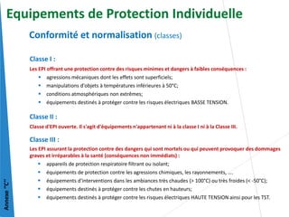 Classe I :
Les EPI offrant une protection contre des risques minimes et dangers à faibles conséquences :
 agressions mécaniques dont les effets sont superficiels;
 manipulations d'objets à températures inférieures à 50°C;
 conditions atmosphériques non extrêmes;
 équipements destinés à protéger contre les risques électriques BASSE TENSION.
Classe II :
Classe d'EPI ouverte. Il s'agit d'équipements n'appartenant ni à la classe I ni à la Classe III.
Classe III :
Les EPI assurant la protection contre des dangers qui sont mortels ou qui peuvent provoquer des dommages
graves et irréparables à la santé (conséquences non immédiats) :
 appareils de protection respiratoire filtrant ou isolant;
 équipements de protection contre les agressions chimiques, les rayonnements, ….
 équipements d'interventions dans les ambiances très chaudes (> 100°C) ou très froides (< -50°C);
 équipements destinés à protéger contre les chutes en hauteurs;
 équipements destinés à protéger contre les risques électriques HAUTE TENSION ainsi pour les TST.
Conformité et normalisation (classes)
Annexe
‘’C’’
Equipements de Protection Individuelle
 