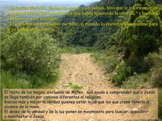 7  Entonces Herodes, llamando aparte a los sabios, hizo que le informaran con exactitud acerca del momento en que había aparecido la estrella,  8  y los envió a Belén con este encargo: –Id e informaos bien sobre ese niño; y, cuando lo encontréis, avisadme para ir yo también a adorarlo. El texto de los magos, exclusivo de Mateo,  nos ayuda a comprender que a Jesús se llega también por caminos diferentes al religioso. Buscan más y mejor la verdad quienes están lejos que los que creen tenerla al alcance de la mano.  El deseo de la verdad y de la luz ponen en movimiento para buscar, descubrir  y manifestar a Jesús. 