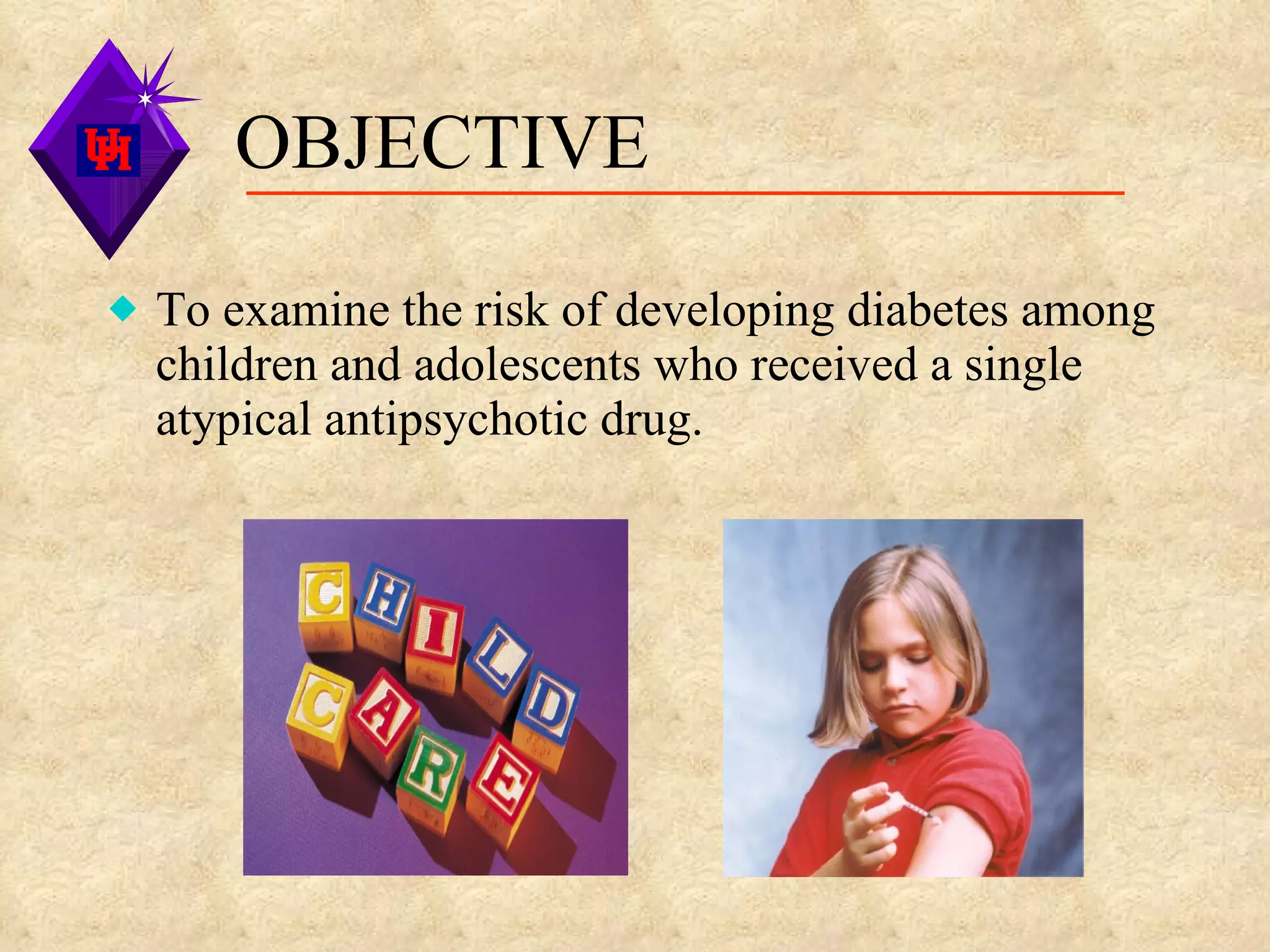 OBJECTIVE To examine the risk of developing diabetes among children and adolescents who received a single atypical antipsychotic drug. 
