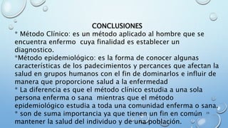29
CONCLUSIONES
* Método Clínico: es un método aplicado al hombre que se
encuentra enfermo cuya finalidad es establecer un
diagnostico.
*Método epidemiológico: es la forma de conocer algunas
características de los padecimientos y percances que afectan la
salud en grupos humanos con el fin de dominarlos e influir de
manera que proporcione salud a la enfermedad
* La diferencia es que el método clínico estudia a una sola
persona enferma o sana mientras que el método
epidemiológico estudia a toda una comunidad enferma o sana.
* son de suma importancia ya que tienen un fin en común
mantener la salud del individuo y de una población.
 