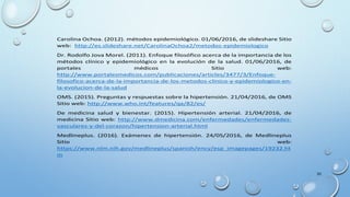 30
Carolina Ochoa. (2012). métodos epidemiológico. 01/06/2016, de slideshare Sitio
web: http://es.slideshare.net/CarolinaOchoa2/metodos-epidemiologico
Dr. Rodolfo Jova Morel. (2011). Enfoque filosófico acerca de la importancia de los
métodos clínico y epidemiológico en la evolución de la salud. 01/06/2016, de
portales médicos Sitio web:
http://www.portalesmedicos.com/publicaciones/articles/3477/3/Enfoque-
filosofico-acerca-de-la-importancia-de-los-metodos-clinico-y-epidemiologico-en-
la-evolucion-de-la-salud
OMS. (2015). Preguntas y respuestas sobre la hipertensión. 21/04/2016, de OMS
Sitio web: http://www.who.int/features/qa/82/es/
De medicina salud y bienestar. (2015). Hipertensión arterial. 21/04/2016, de
medicina Sitio web: http://www.dmedicina.com/enfermedades/enfermedades-
vasculares-y-del-corazon/hipertension-arterial.html
Medlineplus. (2016). Exámenes de hipertensión. 24/05/2016, de Medlineplus
Sitio web:
https://www.nlm.nih.gov/medlineplus/spanish/ency/esp_imagepages/19232.ht
m
 