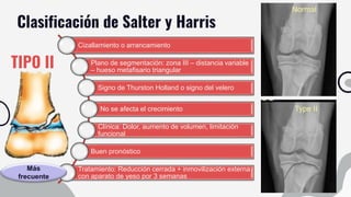 Clasificación de Salter y Harris
TIPO II
Cizallamiento o arrancamiento
Plano de segmentación: zona III – distancia variable
– hueso metafisario triangular
Signo de Thurston Holland o signo del velero
No se afecta el crecimiento
Clínica: Dolor, aumento de volumen, limitación
funcional
Buen pronóstico
Tratamiento: Reducción cerrada + inmovilización externa
con aparato de yeso por 3 semanas
Más
frecuente
 