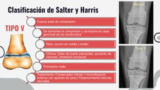 Clasificación de Salter y Harris
TIPO V
Fuerza axial de compresión
Se transmite la compresión y se lesiona la capa
germinal de los condrocitos
Rara, ocurre en rodilla y tobillo
Clínica: Dolor de fuerte intensidad, aumento de
volumen, limitación funcional
Pronóstico malo
Tratamiento: Conservador (Aines + inmovilización
externa con aparato de yeso) Posteriormente trata las
secuelas
 