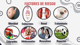 FACTORES DE RIESGO
Obesidad Endocrinos Renal Tratamiento
Esteroides Adolescentes Masculinos Deportes
 