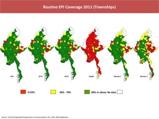 Routine EPI Coverage 2011 (Townships)

BCG

DPT3

0-59%

OPV3

60% - 79%

Source- Central Expanded Programme on Immunization, CEU ,DoH, MoH Myanmar

HepB3

Measles 1

80% or above No data

Measles 2

 