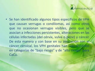 • Se han identificado algunos tipos específicos de VPH
que causan verrugas o condilomas, así como otros
que no ocasionan verrugas visibles, pero que se
asocian a infecciones persistentes, alteraciones en las
células infectadas (del cérvix, vulva o pene) y cáncer.
De esta manera y con base en su asociación con el
cáncer cervical, los VPH genitales han sido divididos
en categorías de "bajo riesgo" y de "alto riesgo" para
CaCu.
 