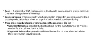 • Gene → A segment of DNA that contains instructions to make a specific protein molecule
(The basic biological unit of heredity)
• Gene expression →The process by which information encoded in a gene is converted to a
protein product that determines an organism’s characteristics and functioning
• There are at least two forms of information in the genome of the cell →
Genetic information: provides the building block for the manufacture of all Proteins
needed for the cell functional activity.
Epigenetic information: provides additional instruction on how, when and where
these information should be used.
 